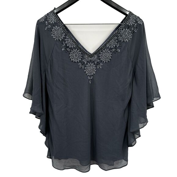 Adrianna Papell Evening Butterfly Top Large Gray Beaded Chiffon Party Cocktail - Picture 1 of 9